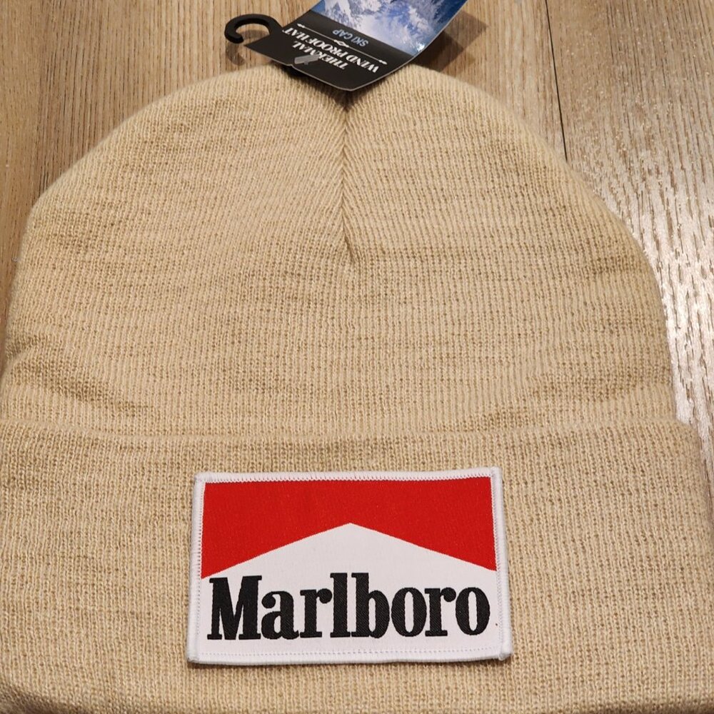 Marlboro Patched Knit Cuffed Beanie in Beige.